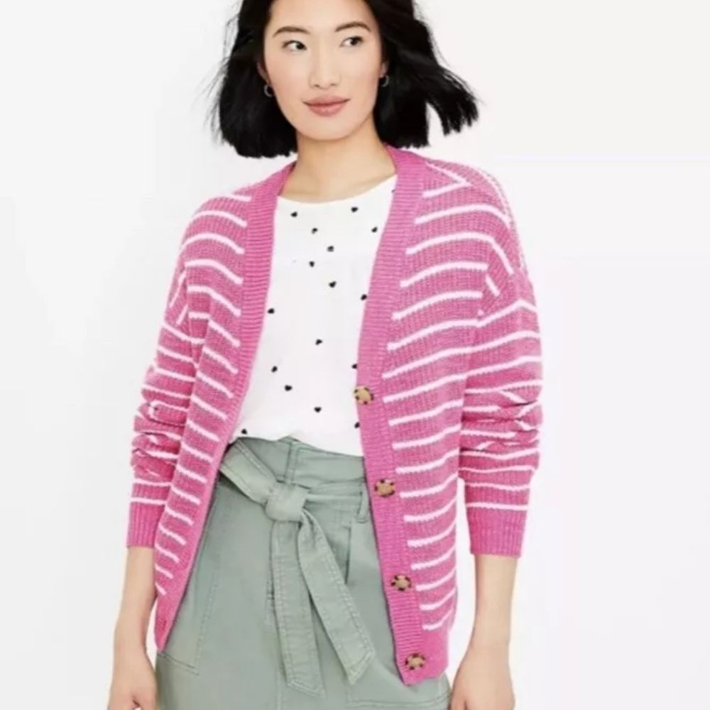 LOFT pink striped button‎ up v-neck oversized cardigan sweater L